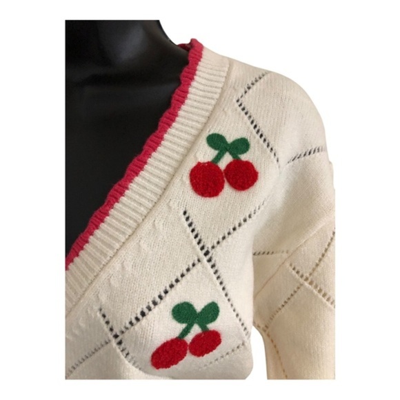 Jessica Simpson cream & pink scalloped trim cherry diamond pattern cardigan sz M - Picture 4 of 17